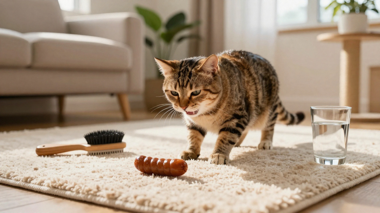 Gato olhando assustado para salsicha sobre tapete em sala com escova e copo de água ao lado.