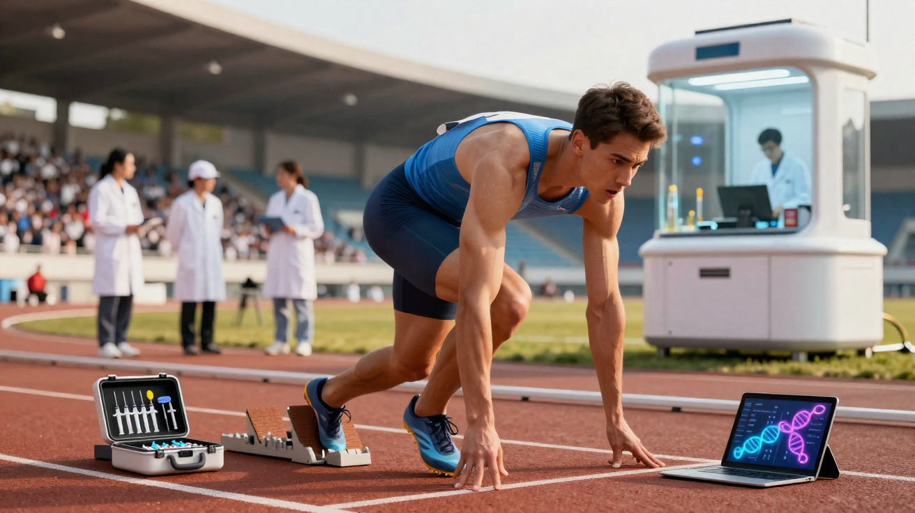 Atleta em posição de largada na pista com equipamentos de análise genética e cientistas ao fundo.