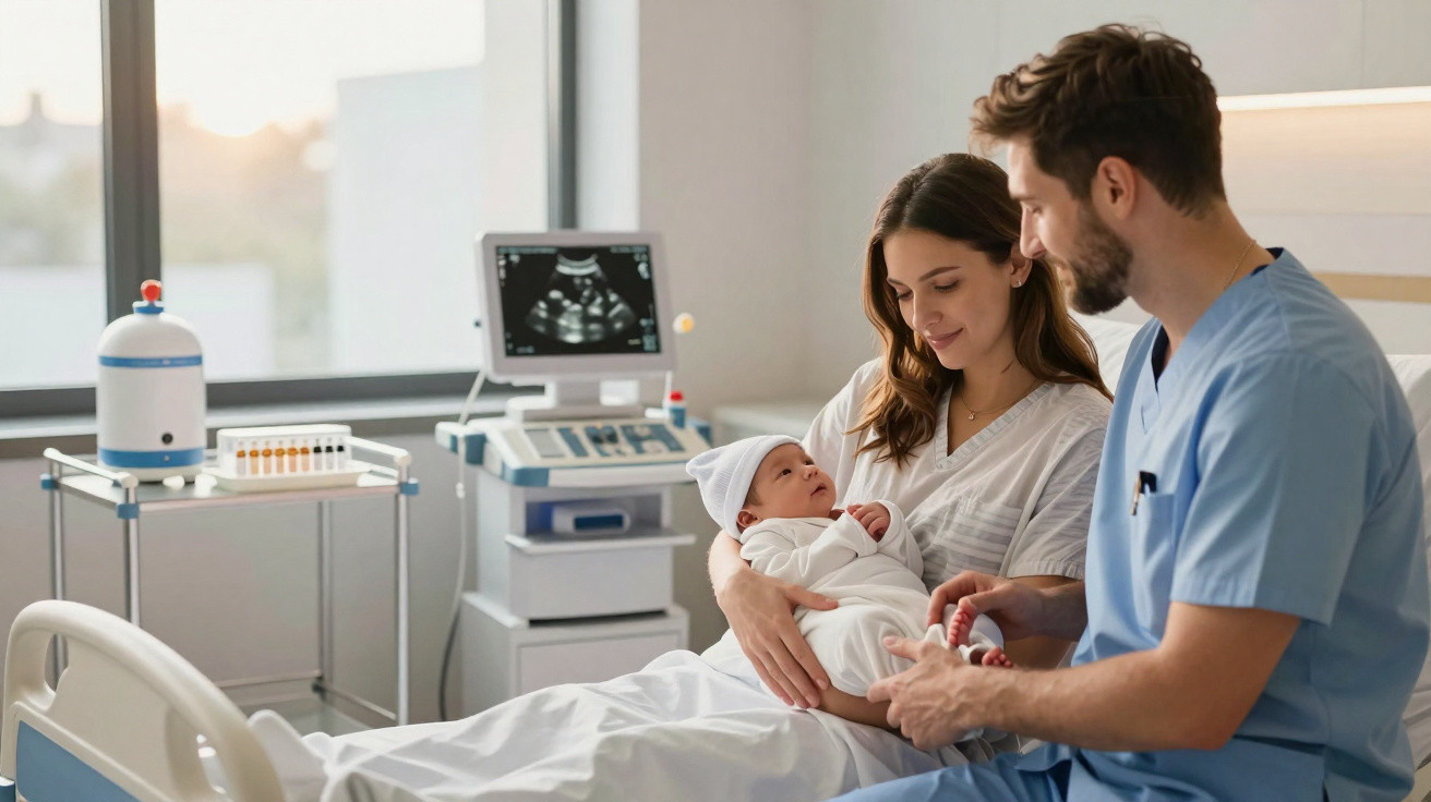 Mãe segurando bebê recém-nascido no hospital, enquanto médico verifica os pés do bebê ao lado dela.