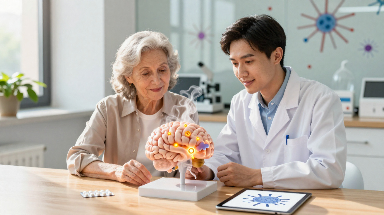 Idoso e médico analisam modelo 3D do cérebro em consultório moderno com tablet na mesa.