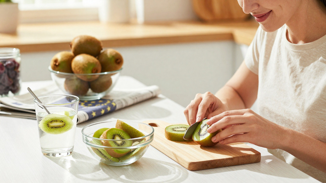 Pessoa cortando kiwi em tábua na cozinha com tigela e copo contendo fatias de kiwi.
