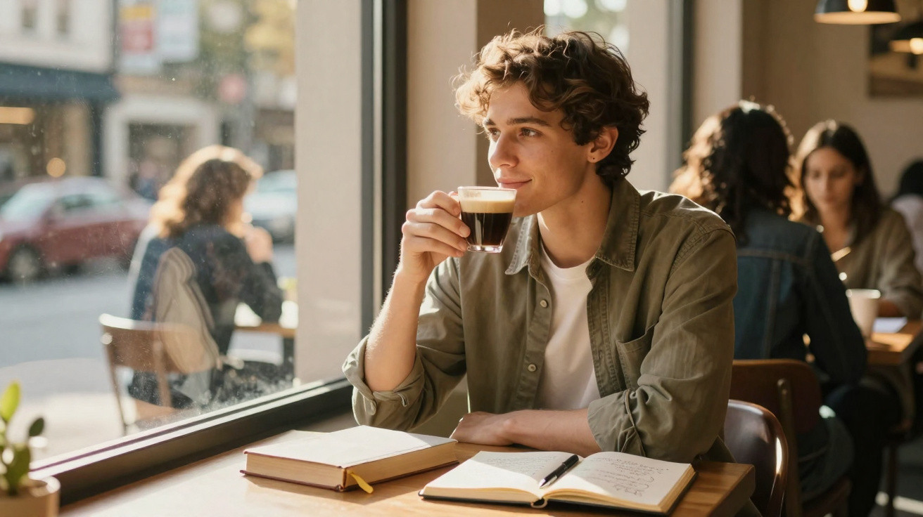 Jovem sentado em cafeteria, tomando café e lendo livros, olhando pela janela com expressão pensativa.
