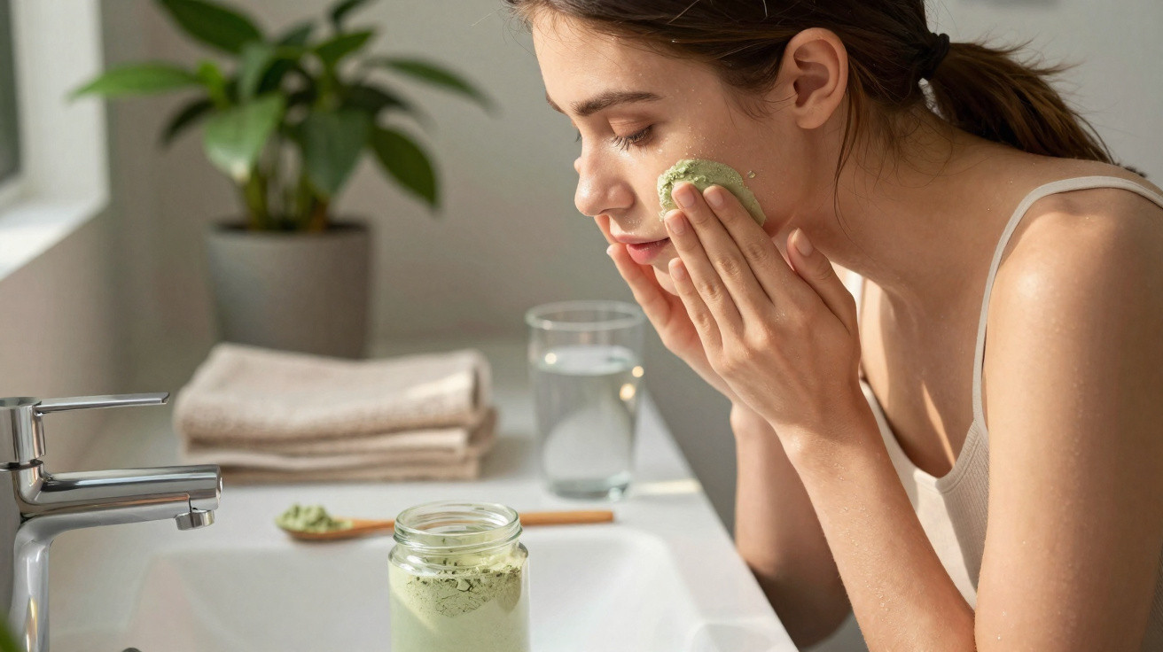 Mulher aplicando esfoliante facial verde no rosto em banheiro com planta ao fundo.