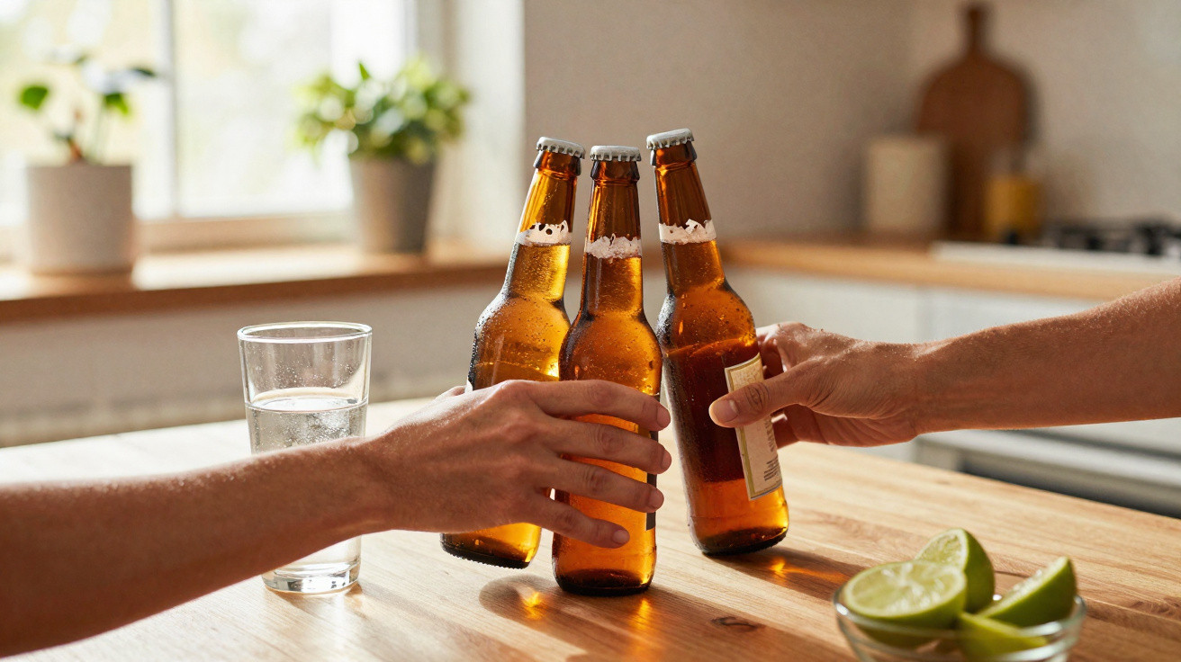Duas pessoas brindam com garrafas de cerveja em uma mesa de madeira com limão e copo d'água.