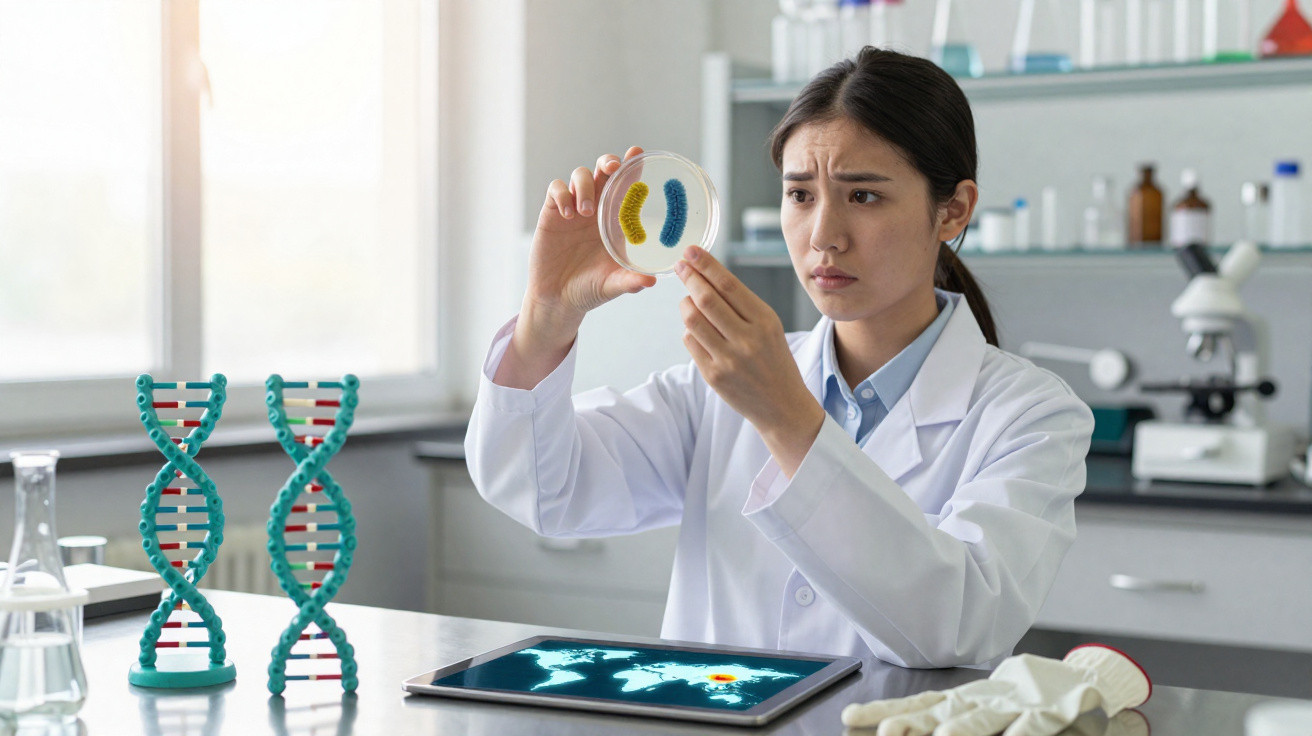 Cientista analisando placa de Petri com amostras coloridas em laboratório de genética moderno.