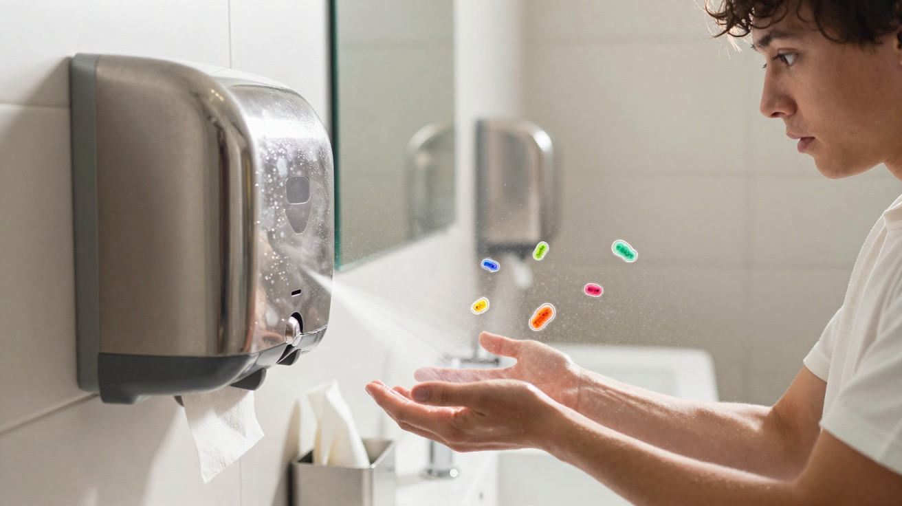 Pessoa usando dispenser automático de sabonete líquido com ícones coloridos de bactérias sobre as mãos.