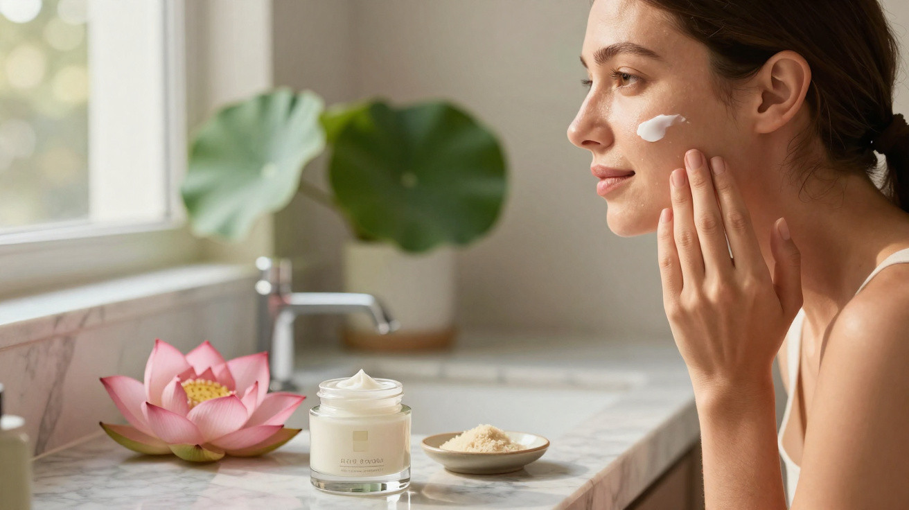 Mulher aplicando creme facial em ambiente iluminado com planta e flor de lótus ao fundo.