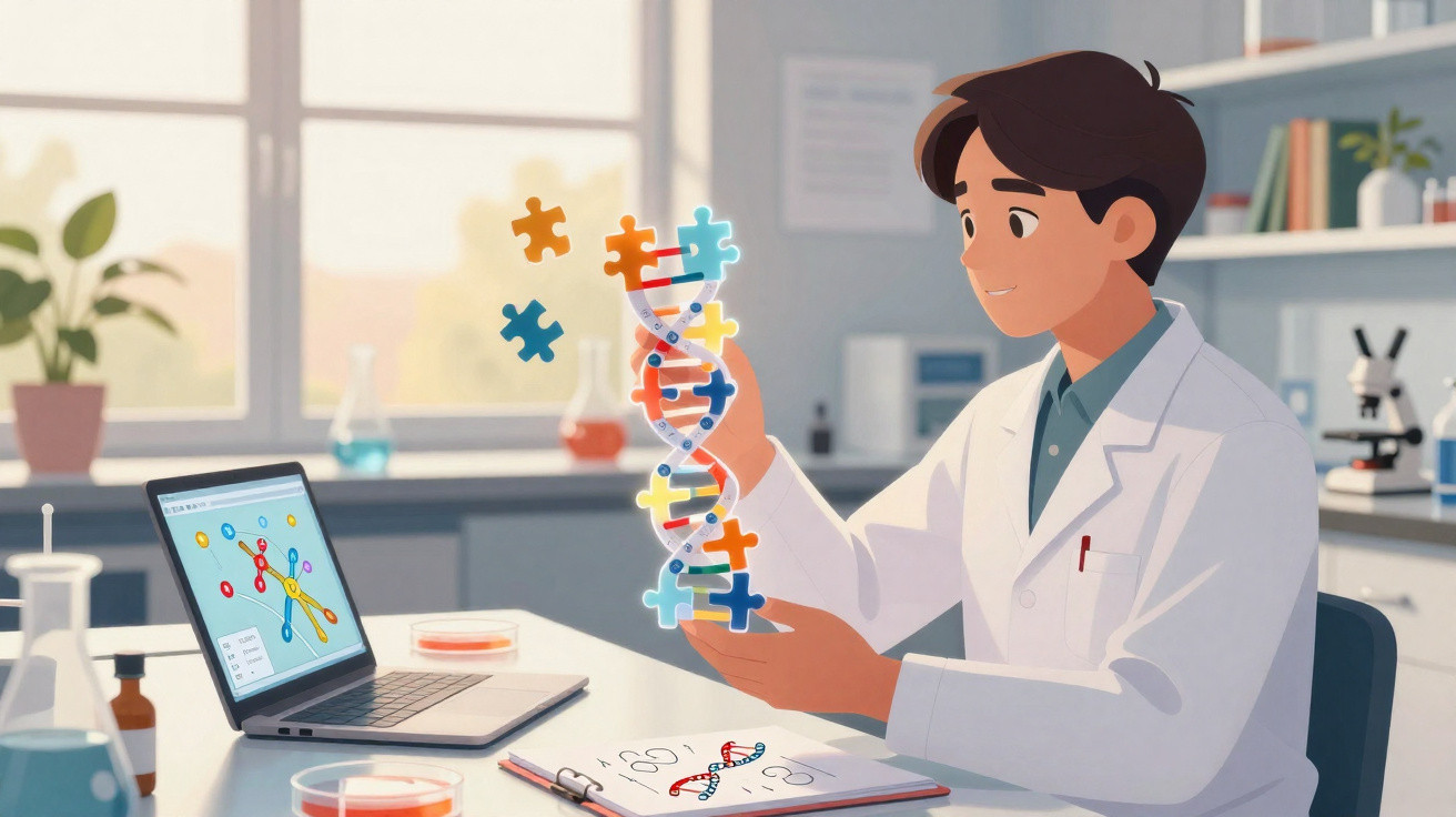Pesquisador em laboratório analisando modelo de DNA com peças de quebra-cabeça coloridas.