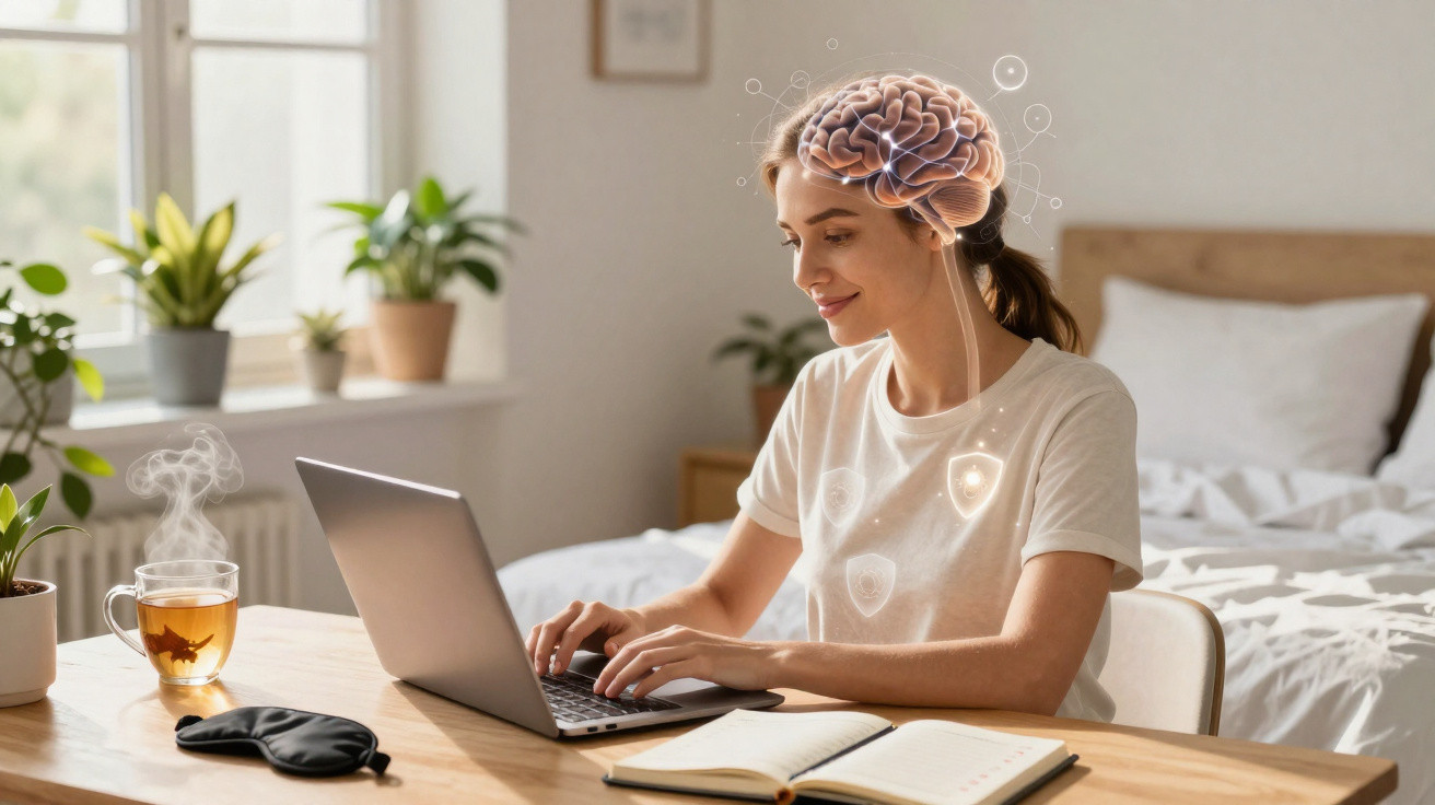 Mulher concentrada usando laptop em casa com ilustração digital de cérebro e ícones de segurança na mente.