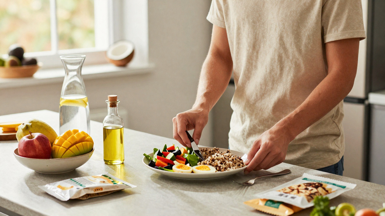 Pessoa cortando legumes em uma salada com ovo, arroz, frutas e azeite na bancada da cozinha.