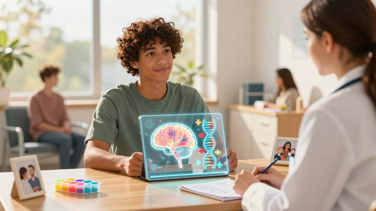 Jovem conversa com médica em consultório, com holograma de cérebro e DNA sobre a mesa entre eles.