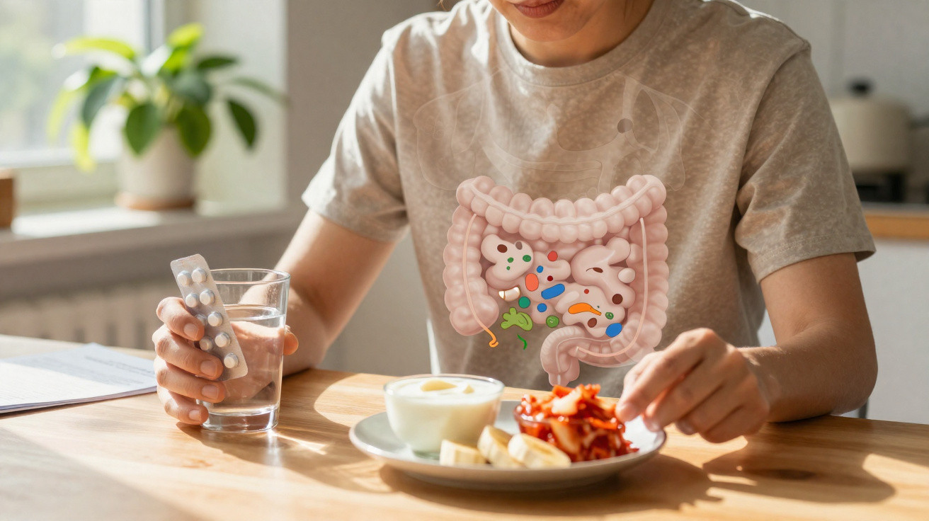 Pessoa segurando remédio e copo d'água com ilustração do intestino sobreposta no corpo.