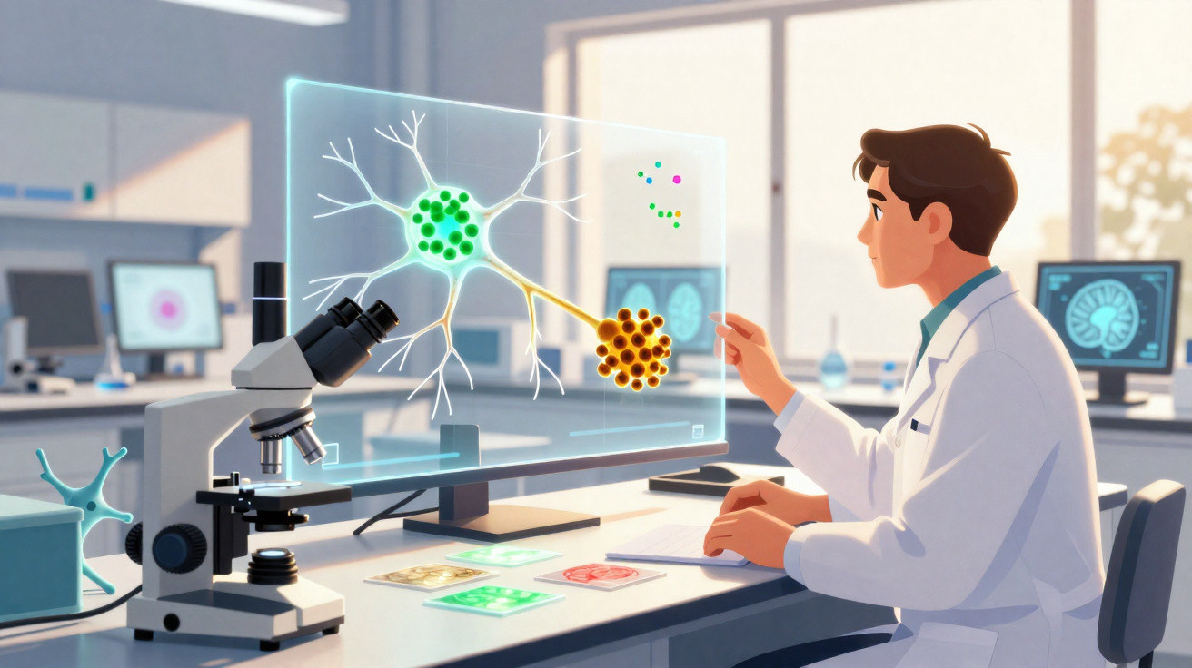 Cientista em laboratório analisando imagem digital de neurônios projetada à frente com microscópio na mesa.