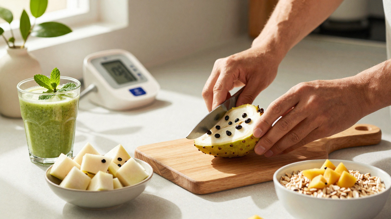 Mãos cortando fruta fresca sobre tábua de madeira, com smoothie verde e tigelas de frutas e sementes na bancada.