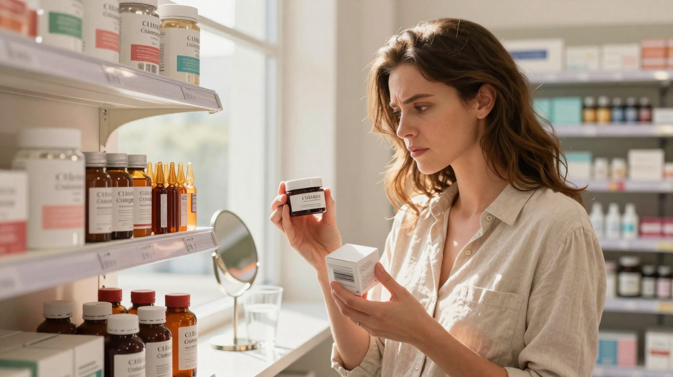 Mulher analisa produtos de beleza em pote e embalagem dentro de loja iluminada por luz natural.