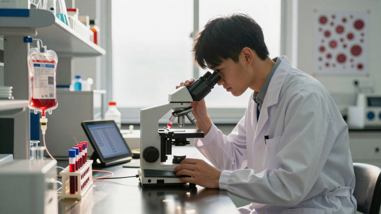Jovem cientista observa amostra em microscópio branco em laboratório equipado com tubos de ensaio e computador.