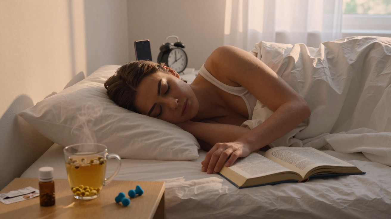 Mulher dormindo na cama com livro aberto, relógio e remédios na mesinha ao lado, luz natural entrando pela janela.