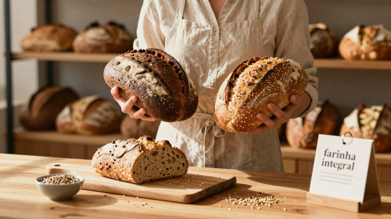 Pessoa segurando pães artesanais variados em padaria com placa indicando farinha integral na mesa de madeira.