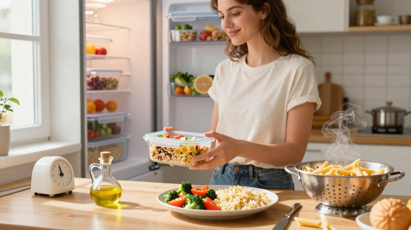 Mulher guardando salada numa caixa plástica na cozinha com refeições prontas na bancada.