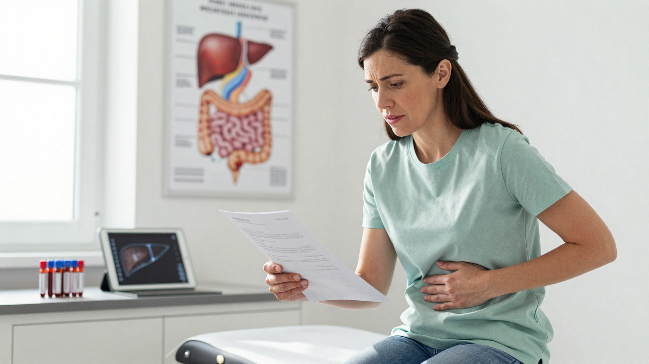 Mulher sentada em consultório médico segurando papel e com expressão de dor abdominal.