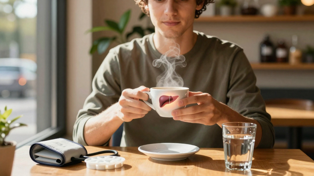 Jovem segurando uma xícara fumegante com ilustração de fígado, sentado à mesa com copo de água e medicamentos.