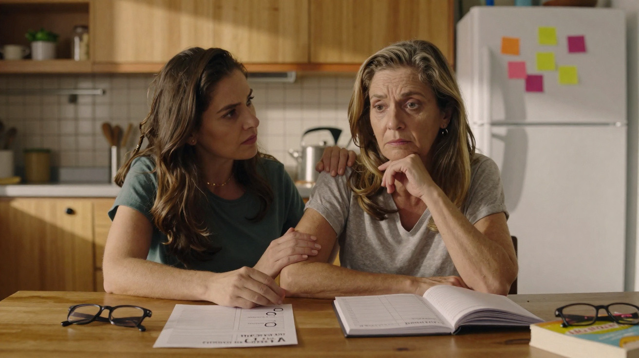 Mulher mais jovem consola mulher mais velha pensativa sentadas à mesa com documentos e livros na cozinha.