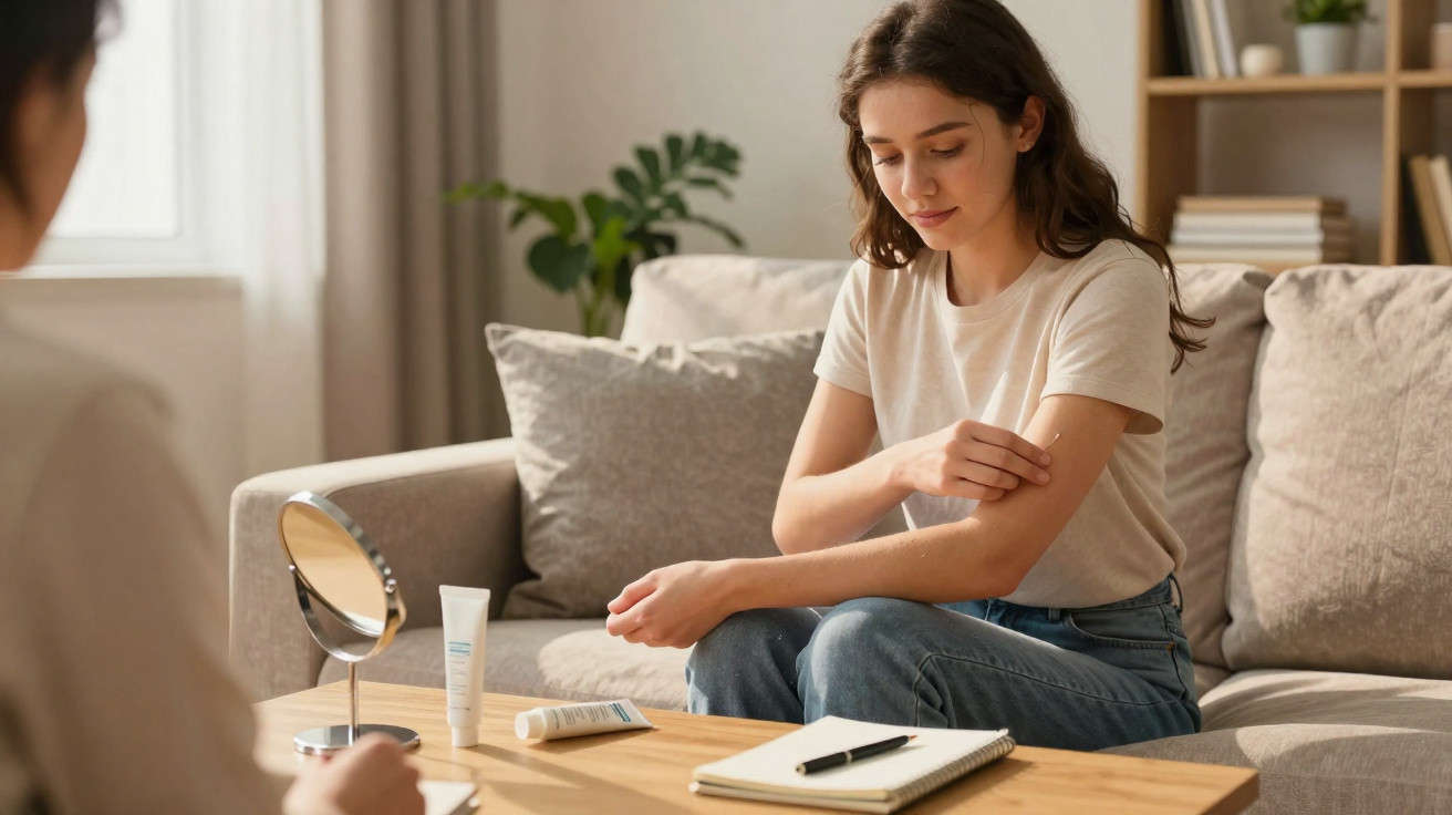 Mulher sentada no sofá, examinando o braço com produtos de cuidado da pele na mesa à frente.