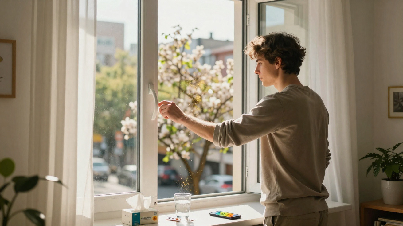 Jovem abrindo janela em ambiente interno iluminado por luz natural com plantas ao redor.
