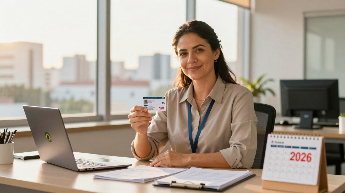 Mulher sorridente sentada em escritório mostrando cartão de identificação com calendário de 2026 na mesa.