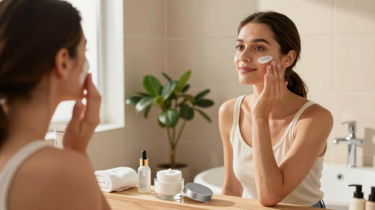 Mulher aplicando creme facial no rosto em frente ao espelho em banheiro iluminado.