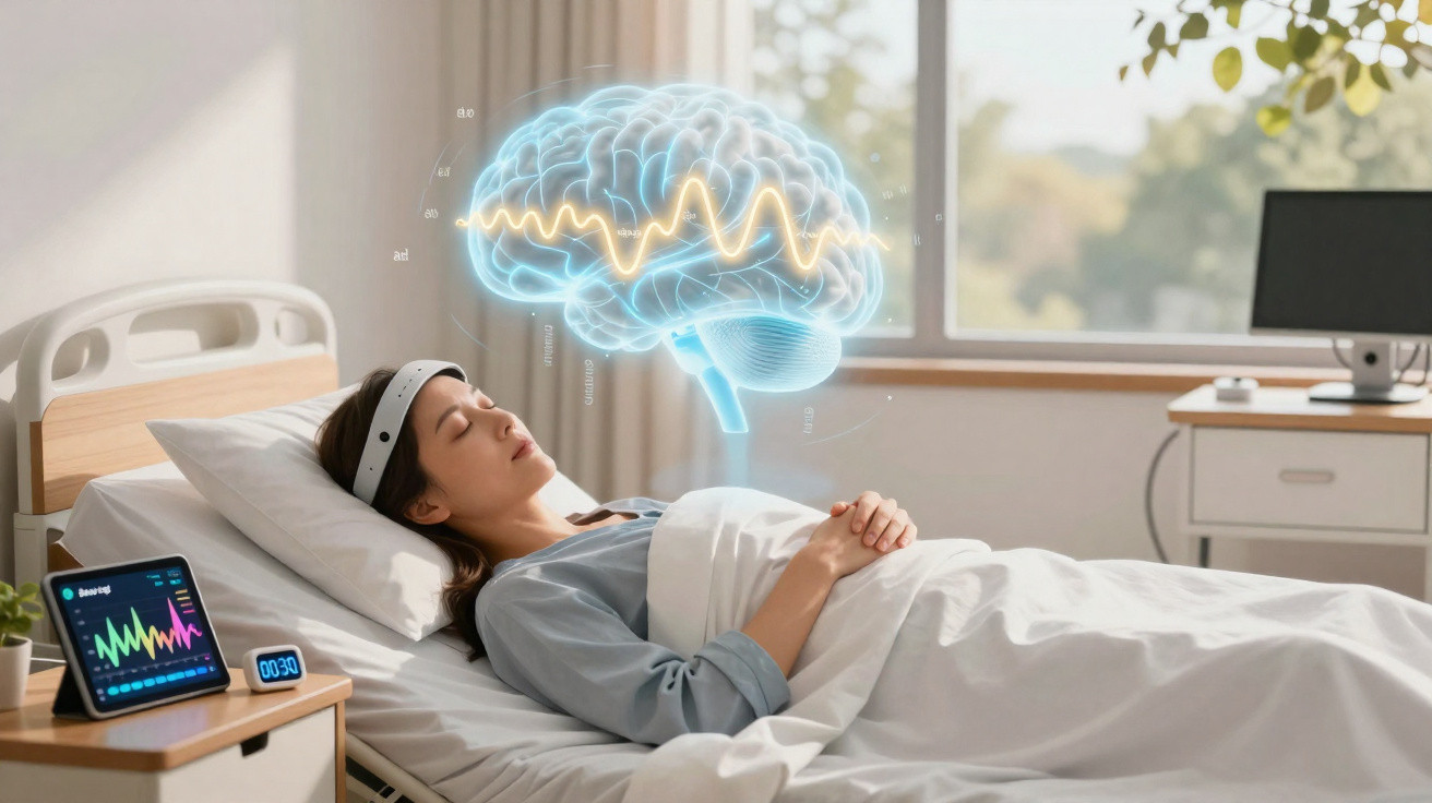 Mulher dormindo com faixa de monitoramento cerebral em cama de hospital e gráfico de ondas cerebrais holográfico.