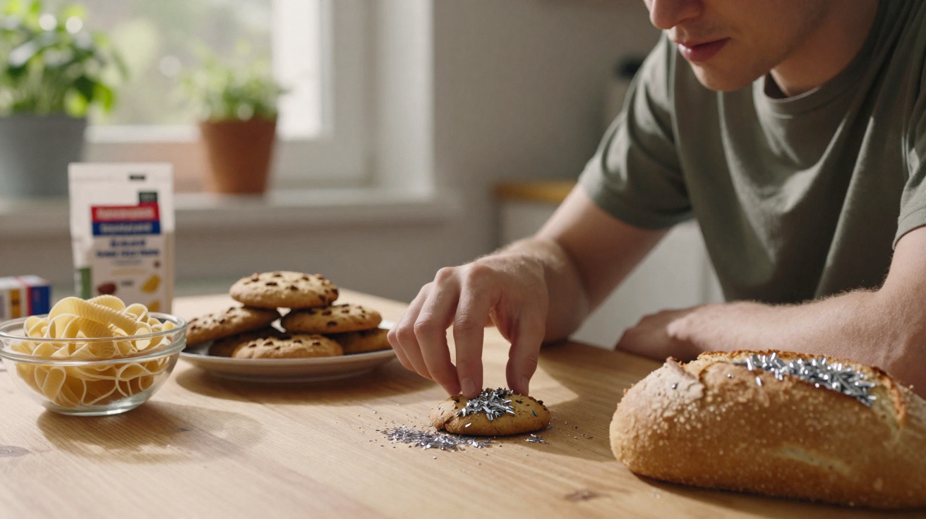 Pessoa colocando confeitos prateados em biscoito, com pão e mais biscoitos em uma mesa de madeira.