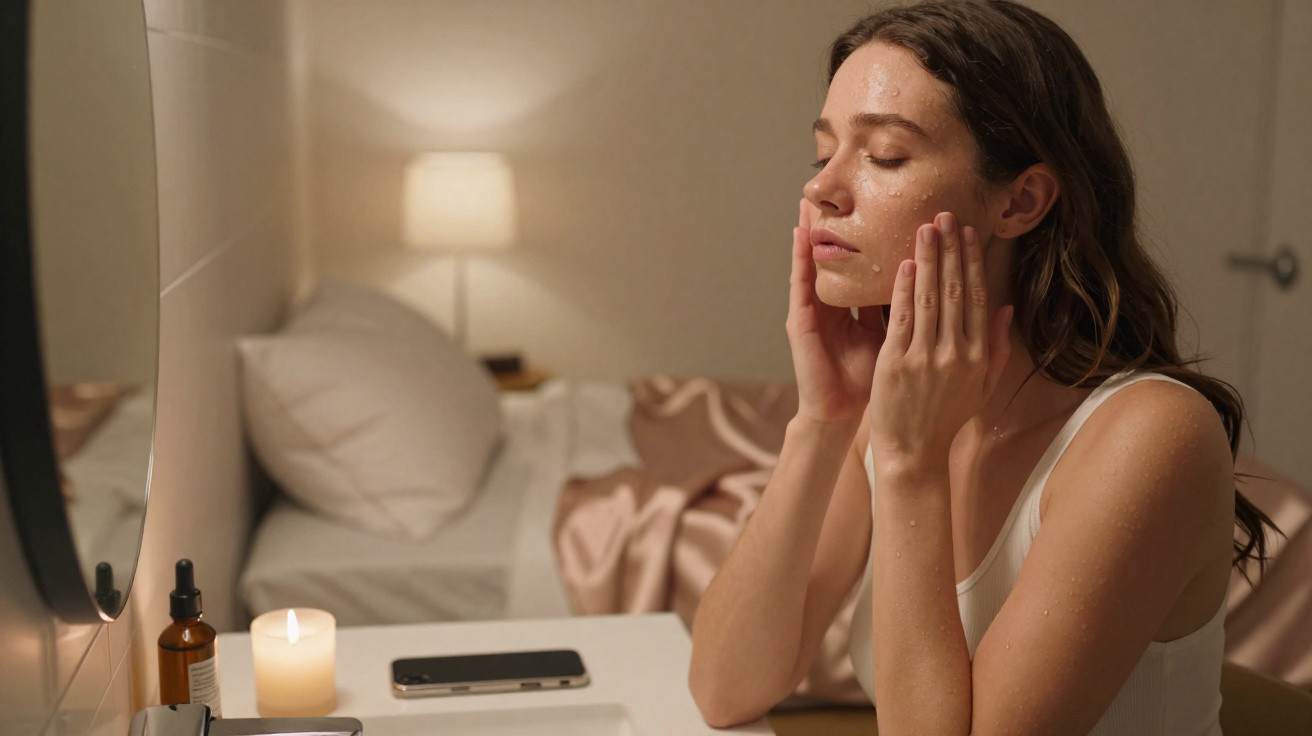 Mulher aplica hidratante no rosto em ambiente acolhedor com vela e cama ao fundo.