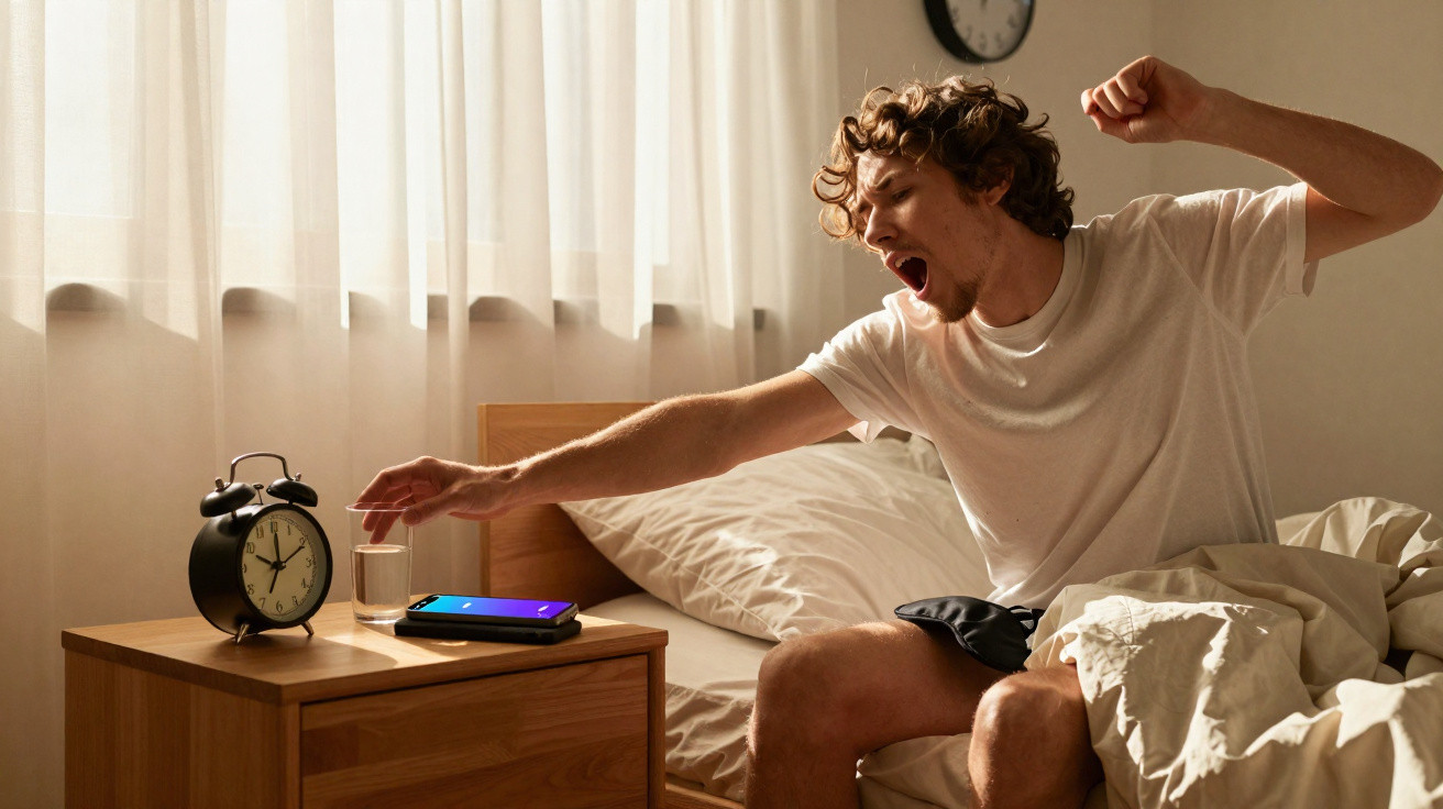 Homem acordando na cama e apagando despertador ao lado de copo d’água e celular.