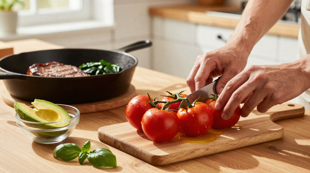 Pessoa cortando tomates em tábua de madeira com abacate, manjericão e bife na frigideira ao fundo.