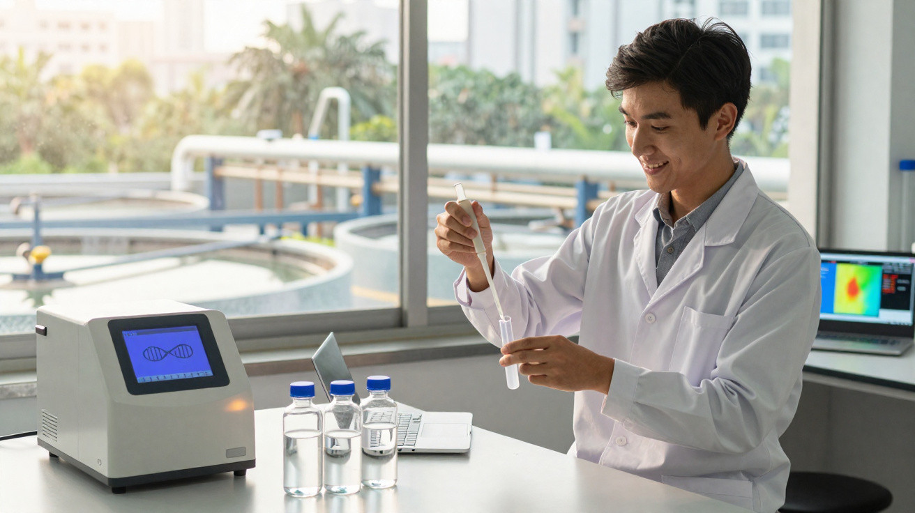 Cientista em jaleco usando pipeta para transferir líquido em laboratório moderno com equipamento e laptop.