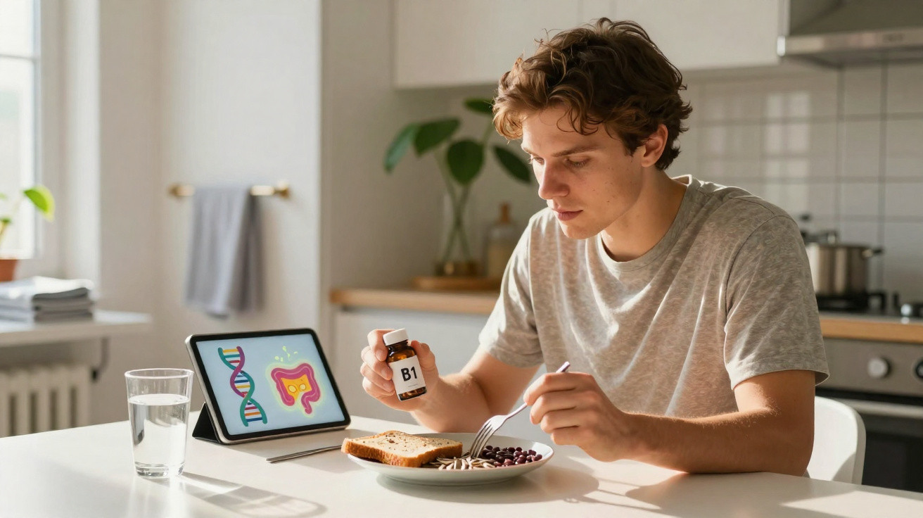 Jovem sentado à mesa com suplemento vitamínico B1, comido e tablet mostrando ilustraçao de DNA e intestino.