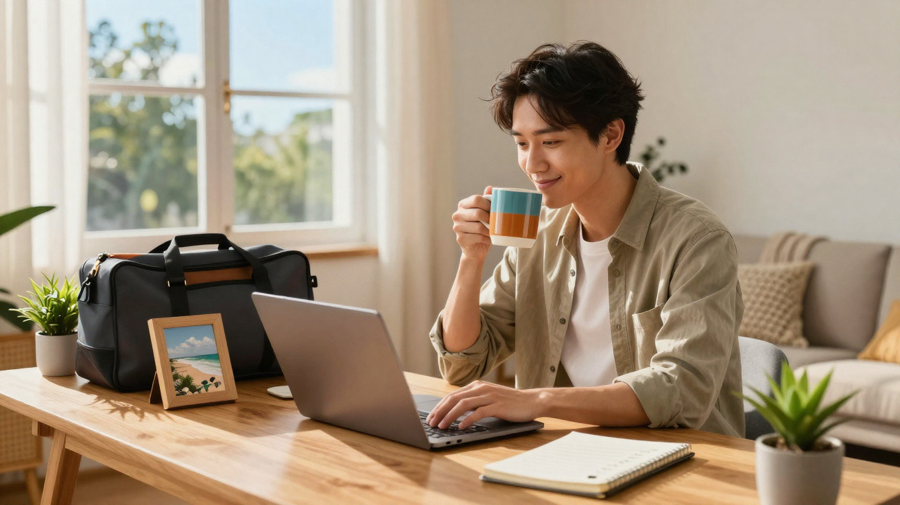 Jovem sentado à mesa com laptop, tomando café e trabalhando em ambiente claro e aconchegante.
