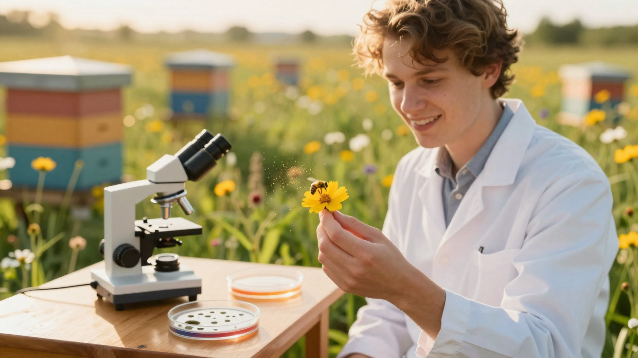 Jovem cientista em campo segurando flor amarela com abelha, ao lado de microscópio e placas petri.