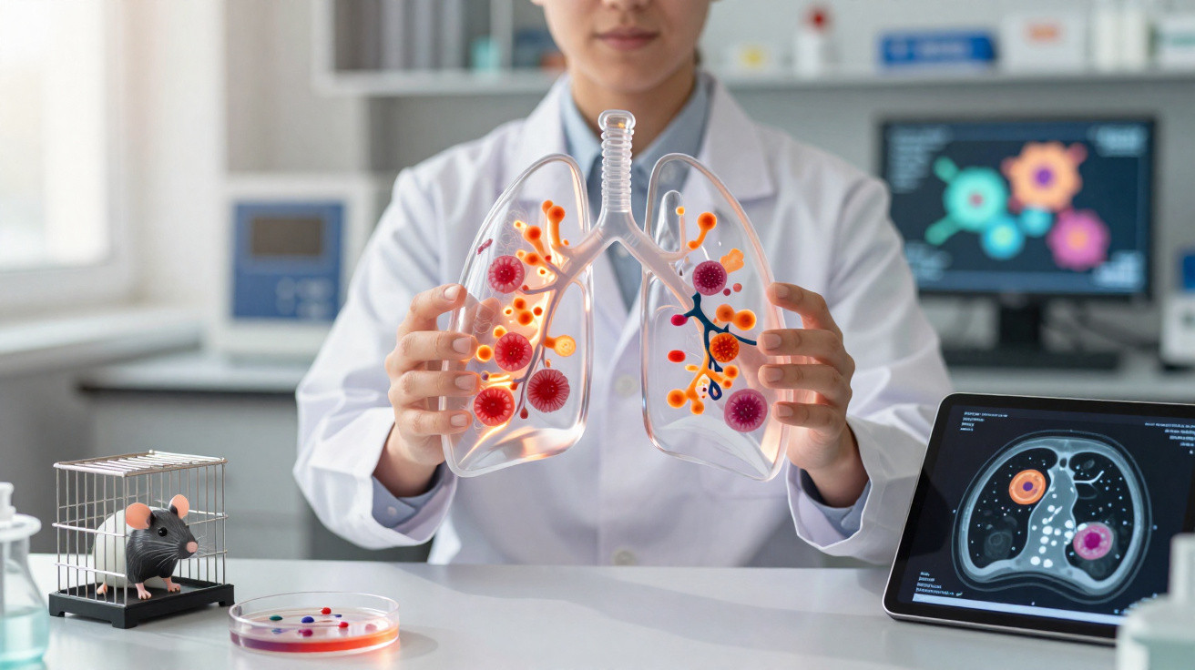 Pesquisadora com jaleco segurando modelo transparente de pulmões infectados em laboratório de biomedicina.