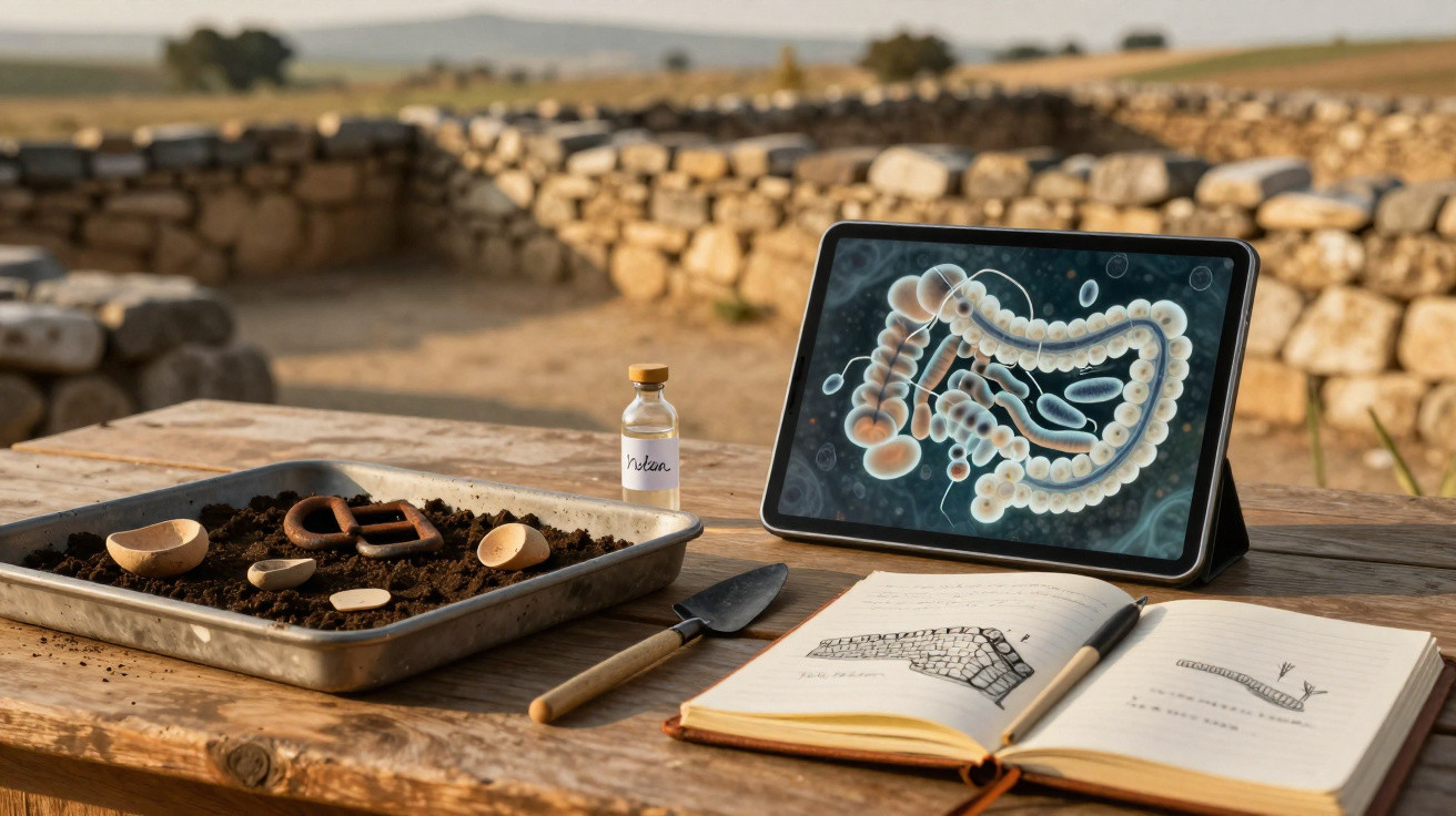 Mesa com tablet exibindo intestino, bandeja com terra e fragmentos arqueológicos, livro aberto e frasco rotulado "intestino" 