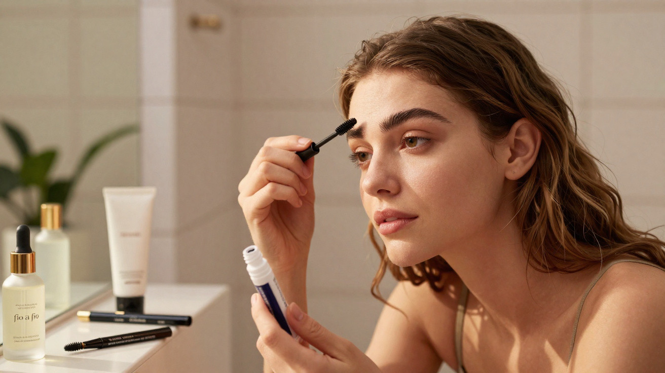 Mulher loira aplicando rímel nas sobrancelhas em frente a um espelho com produtos de beleza ao lado.