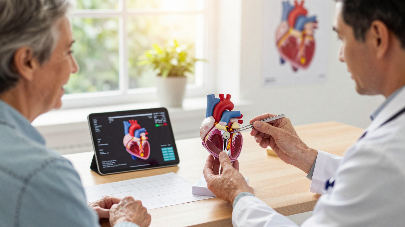 Médico explica funcionamento do coração para paciente usando modelo 3D e tablet com imagem anatômica.