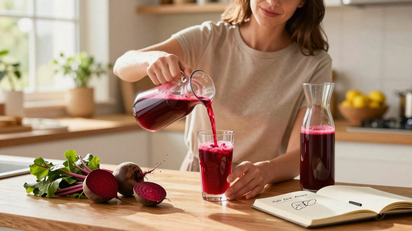 Mulher servindo suco de beterraba em copo na cozinha, com beterrabas frescas e caderno na mesa.