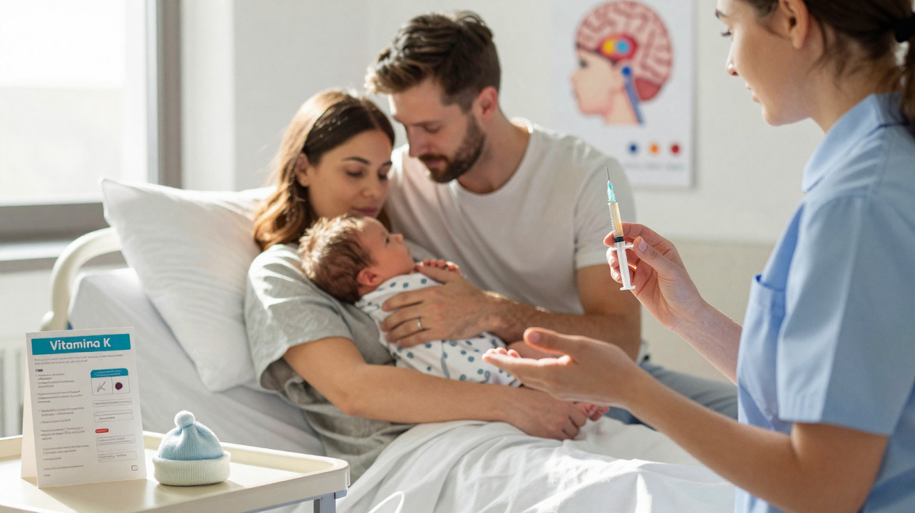 Médica preparando vacina de vitamina K para bebê no colo da mãe, com pai ao lado em quarto hospitalar.
