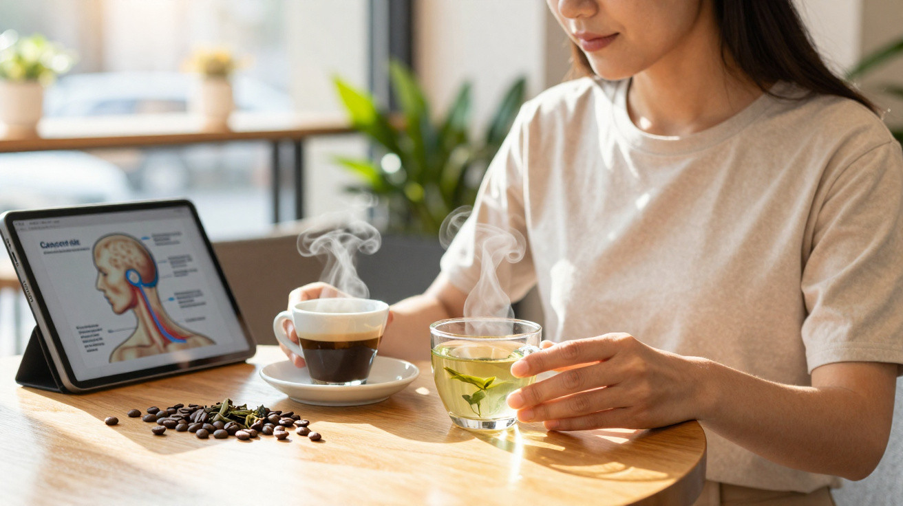 Mulher segurando copos de café e chá quente em mesa com tablet mostrando diagrama médico.