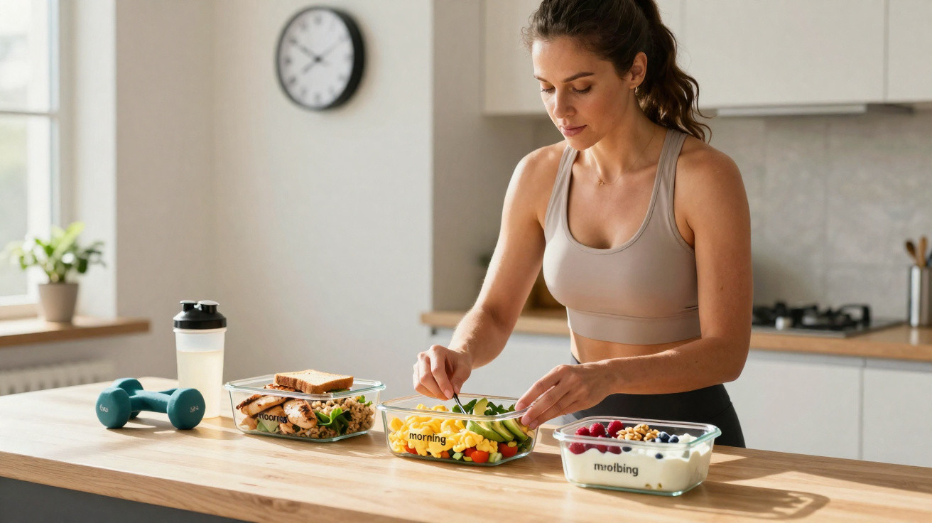 Mulher preparando salada saudável na cozinha com potes de comida, halteres e garrafa de shake ao lado.