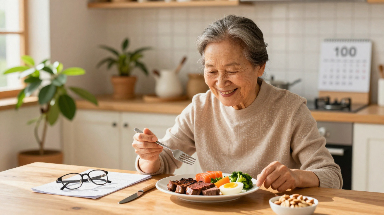 Mulher idosa sorrindo enquanto se prepara para comer uma refeição saudável na cozinha.