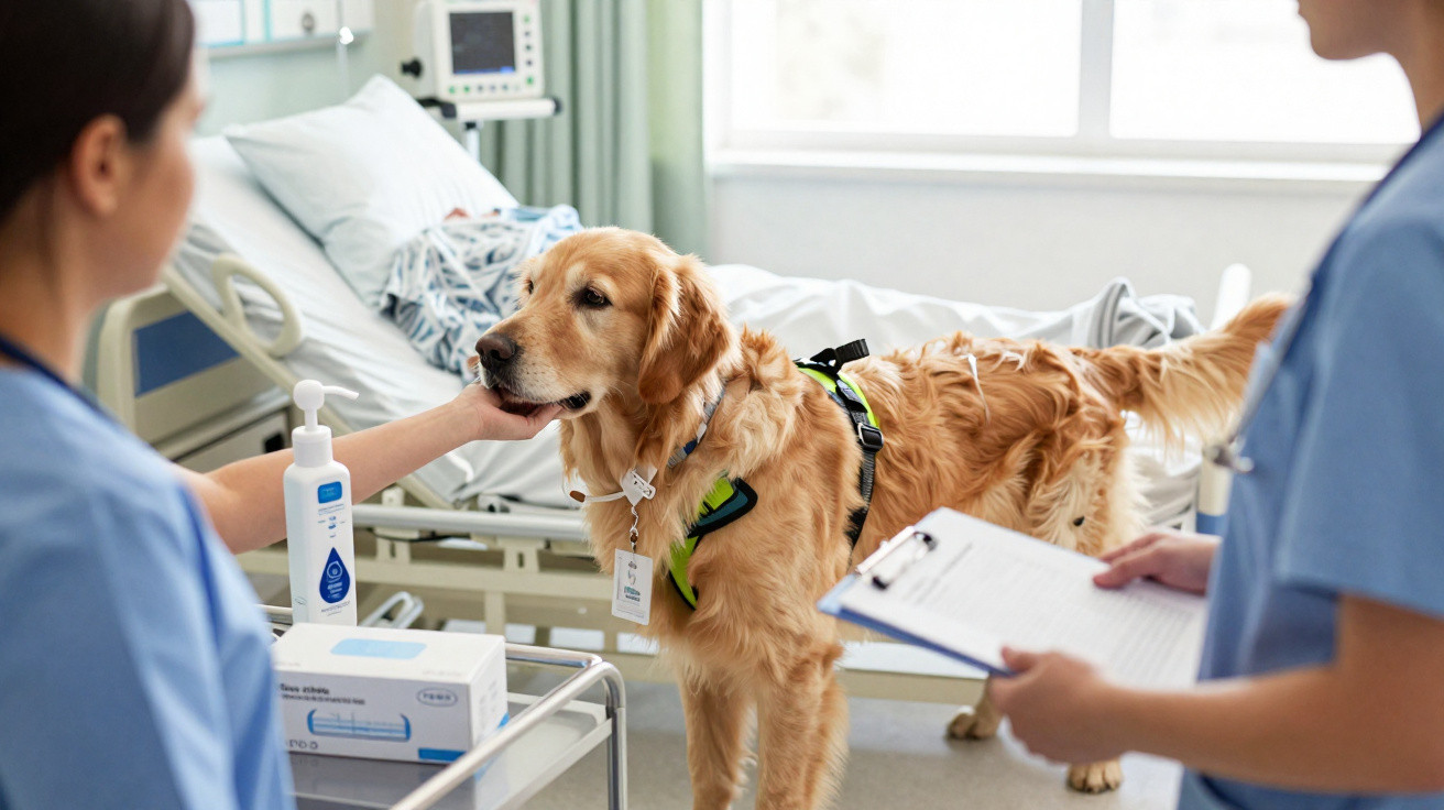 Cachorro terapeuta visitando paciente em quarto de hospital, com profissionais de saúde ao redor.
