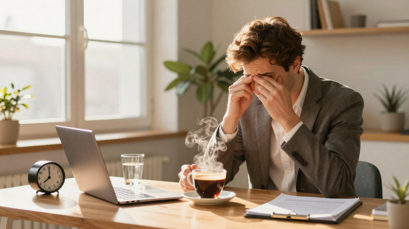 Homem em escritório massageando olhos cansados com café quente e laptop sobre mesa iluminada pela janela.